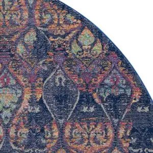 Photo of 6' Navy Blue and Orange Ogee Distressed Non Skid Round Rug