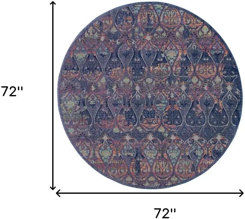 6' Navy Blue and Orange Ogee Distressed Non Skid Round Rug Photo 3
