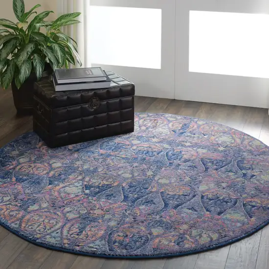 6' Navy Blue and Orange Ogee Distressed Non Skid Round Rug Photo 6