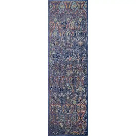 6' Navy Blue and Orange Ogee Distressed Non Skid Runner Rug Photo 2