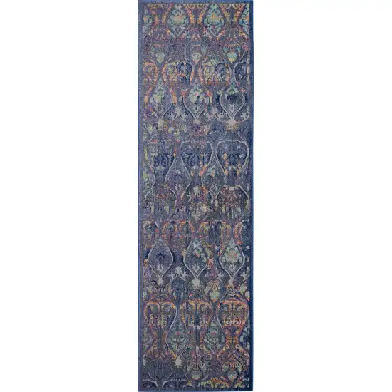 6' Navy Blue and Orange Ogee Distressed Non Skid Runner Rug Photo 8
