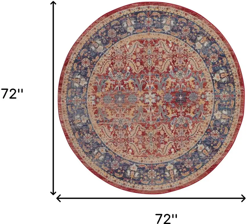 6' Navy Blue and Red Floral Distressed Non Skid Round Rug Photo 3