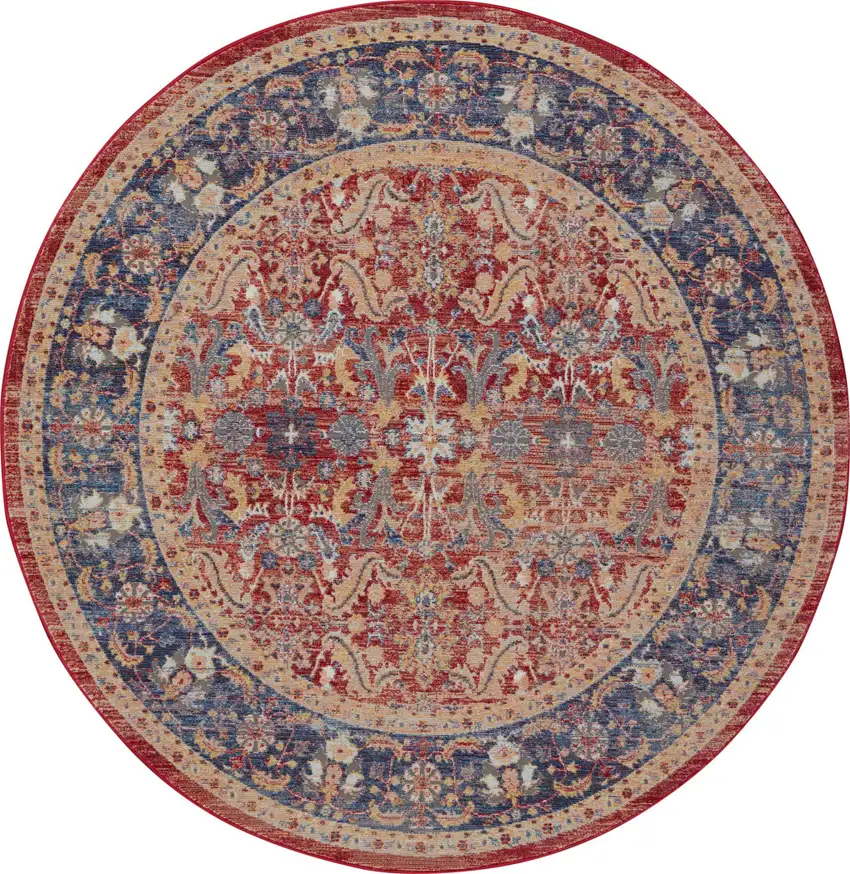 6' Navy Blue and Red Floral Distressed Non Skid Round Rug Photo 5