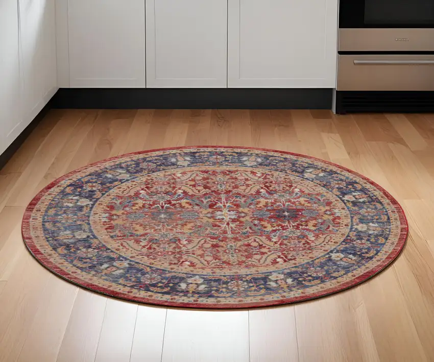 6' Navy Blue and Red Floral Distressed Non Skid Round Rug Photo 1
