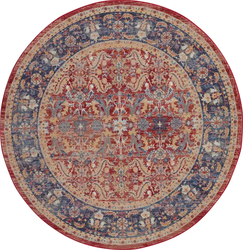6' Navy Blue and Red Floral Distressed Non Skid Round Rug Photo 2
