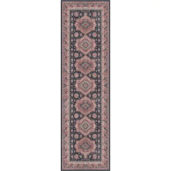 8' Navy Blue and Red Medallion Distressed Non Skid Runner Rug Photo 2