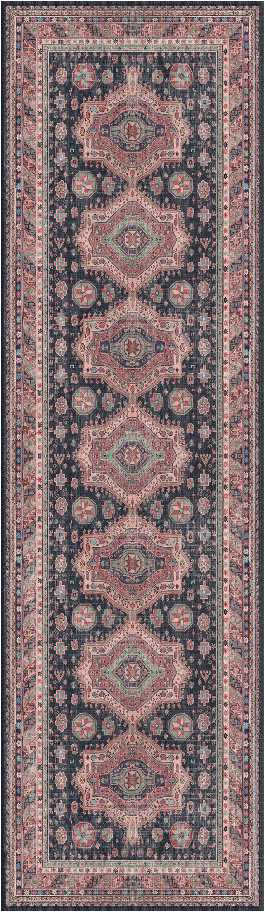8' Navy Blue and Red Medallion Distressed Non Skid Runner Rug Photo 2