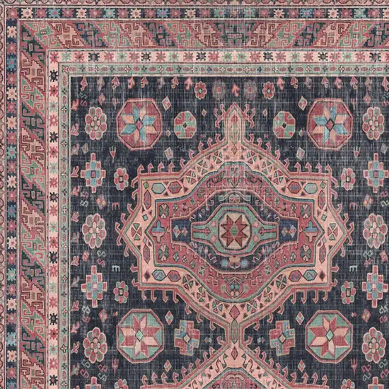 8' Navy Blue and Red Medallion Distressed Non Skid Runner Rug Photo 8