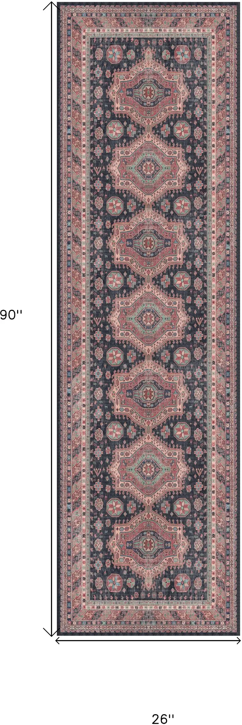 8' Navy Blue and Red Medallion Distressed Non Skid Runner Rug Photo 3