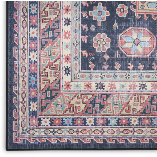 8' Navy Blue and Red Medallion Distressed Non Skid Runner Rug Photo 5