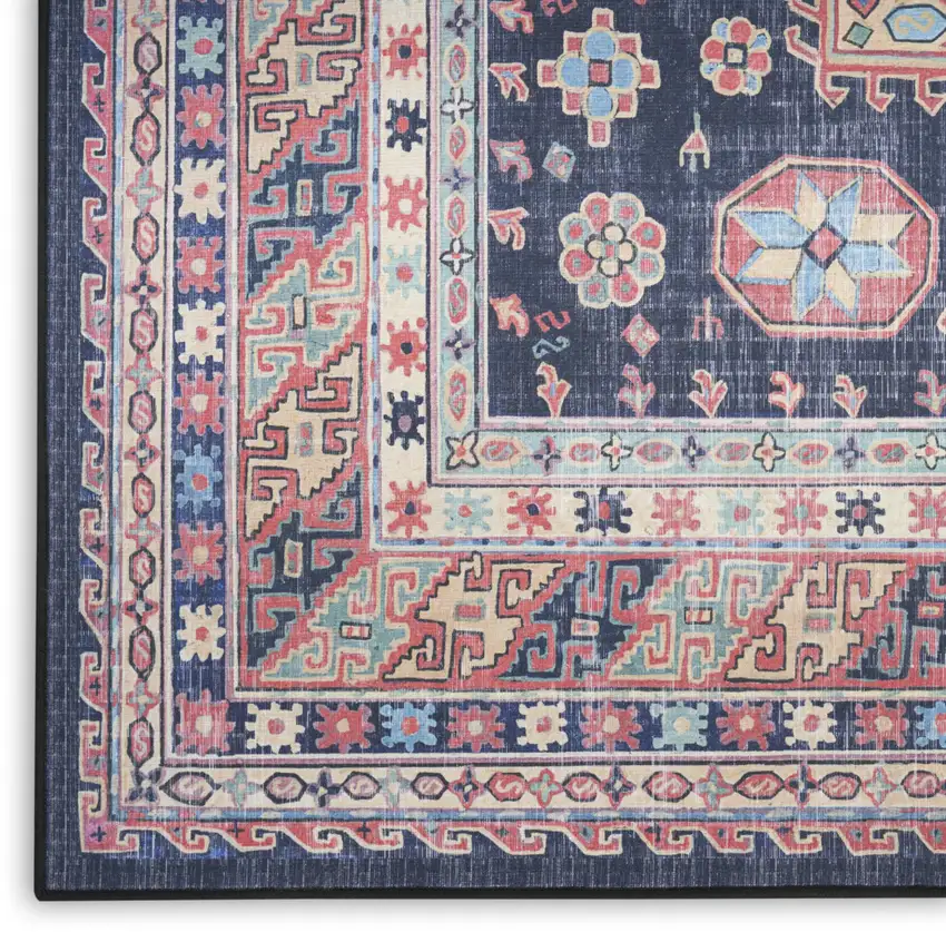 8' Navy Blue and Red Medallion Distressed Non Skid Runner Rug Photo 5