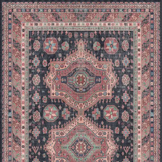 8' Navy Blue and Red Medallion Distressed Non Skid Runner Rug Photo 9