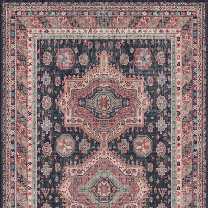 8' Navy Blue and Red Medallion Distressed Non Skid Runner Rug Photo 9