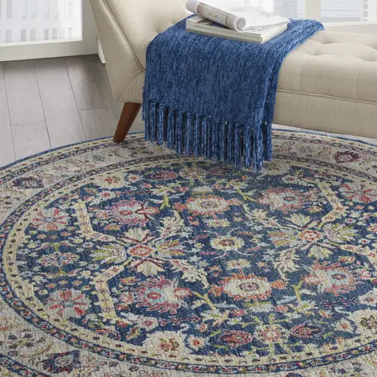 6' Navy Blue and Yellow Floral Distressed Non Skid Round Rug Photo 6