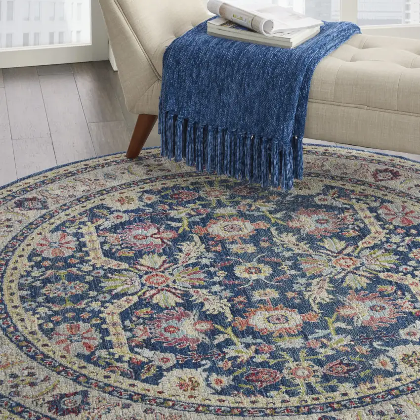 6' Navy Blue and Yellow Floral Distressed Non Skid Round Rug Photo 6
