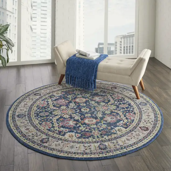 6' Navy Blue and Yellow Floral Distressed Non Skid Round Rug Photo 7