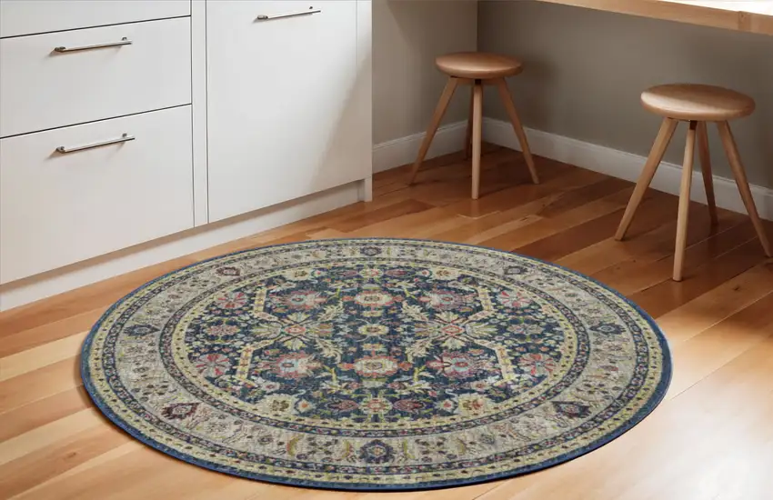 6' Navy Blue and Yellow Floral Distressed Non Skid Round Rug Photo 1