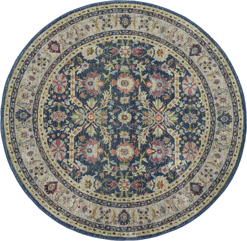 6' Navy Blue and Yellow Floral Distressed Non Skid Round Rug Photo 2