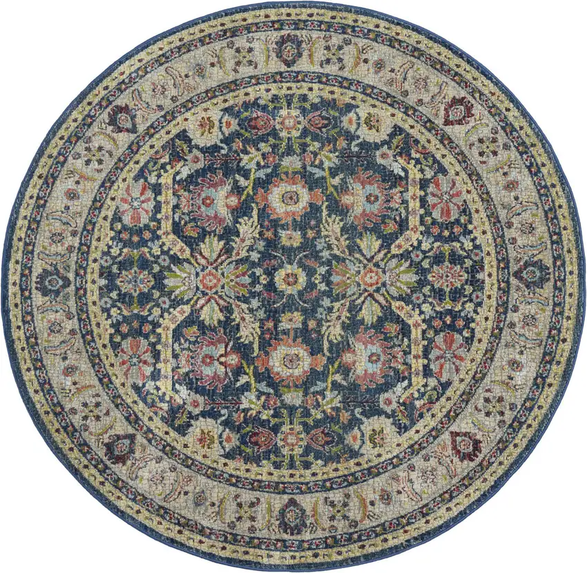 6' Navy Blue and Yellow Floral Distressed Non Skid Round Rug Photo 5