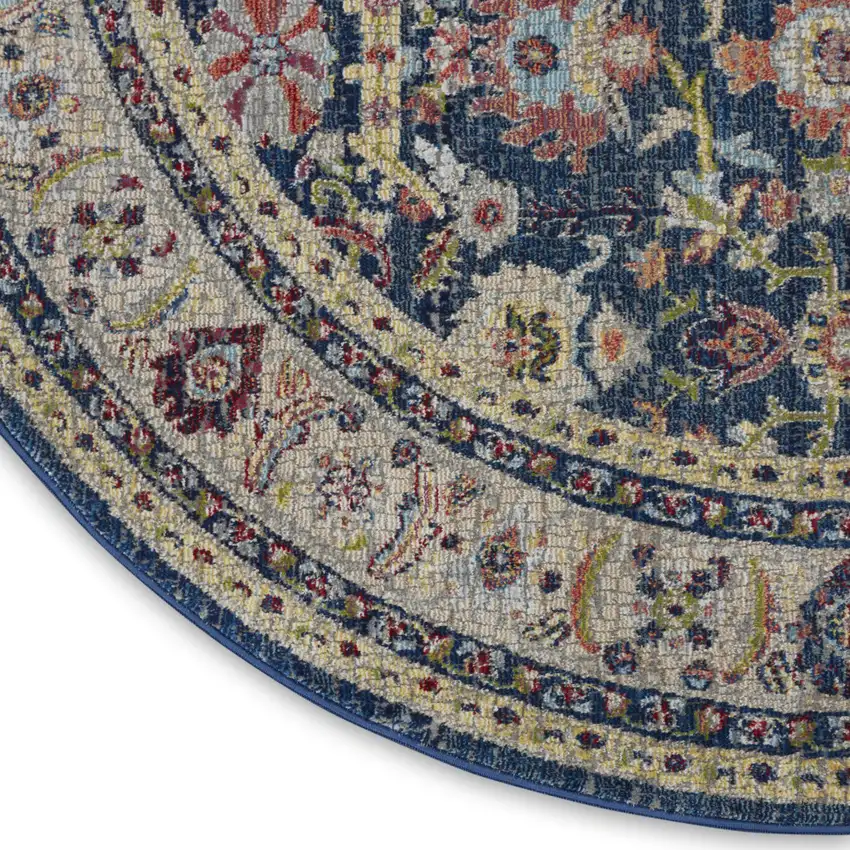 6' Navy Blue and Yellow Floral Distressed Non Skid Round Rug Photo 9