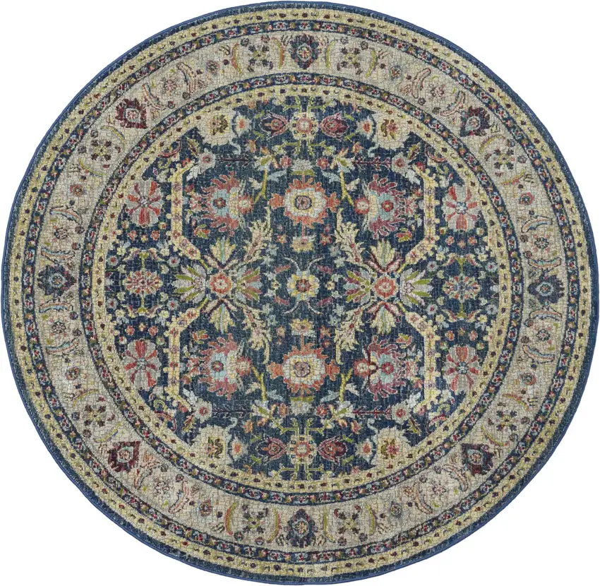 6' Navy Blue and Yellow Floral Distressed Non Skid Round Rug Photo 4