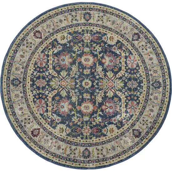 6' Navy Blue and Yellow Floral Distressed Non Skid Round Rug Photo 4
