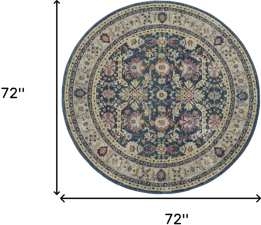 6' Navy Blue and Yellow Floral Distressed Non Skid Round Rug Photo 3