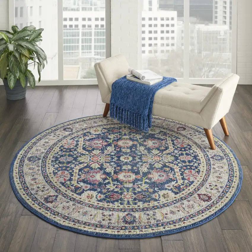 6' Navy Blue and Yellow Floral Distressed Non Skid Round Rug Photo 5
