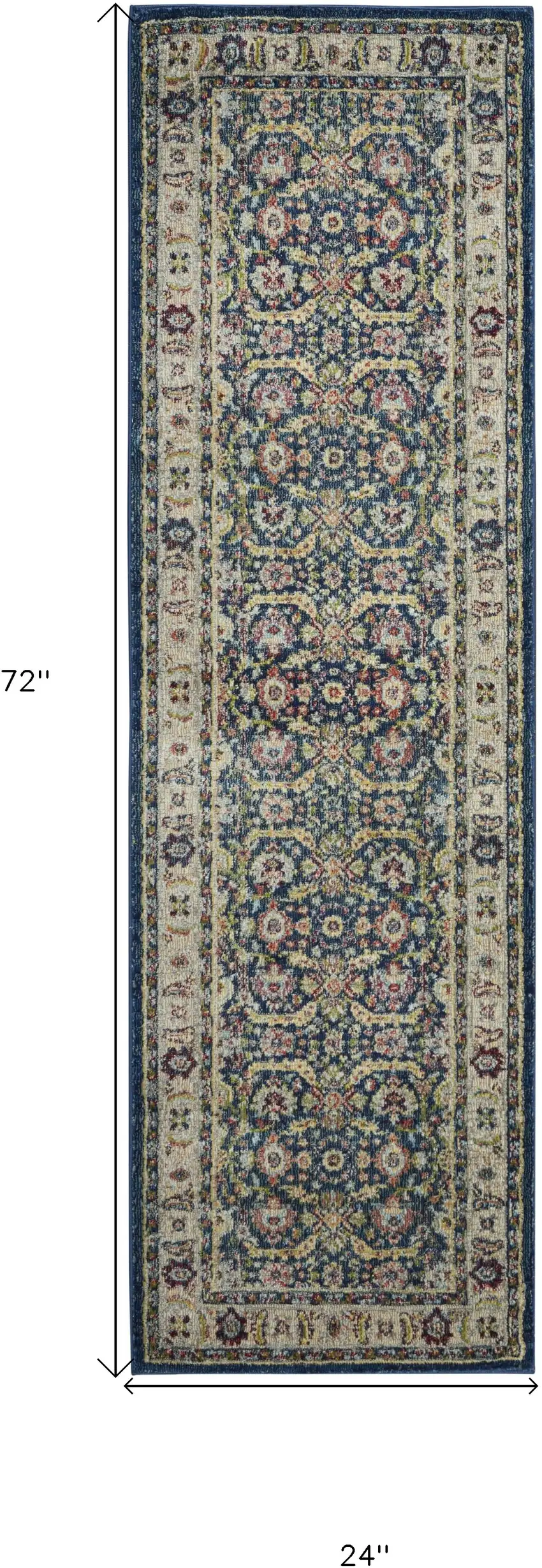 6' Navy Blue and Yellow Floral Distressed Non Skid Runner Rug Photo 3