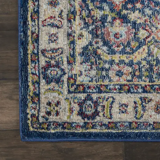 6' Navy Blue and Yellow Floral Distressed Non Skid Runner Rug Photo 9