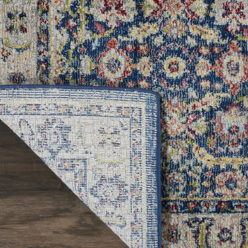 6' Navy Blue and Yellow Floral Distressed Non Skid Runner Rug Photo 6