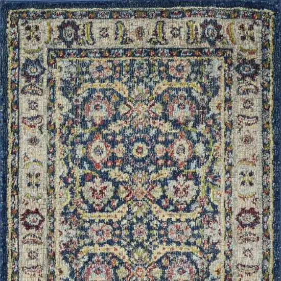 6' Navy Blue and Yellow Floral Distressed Non Skid Runner Rug Photo 3