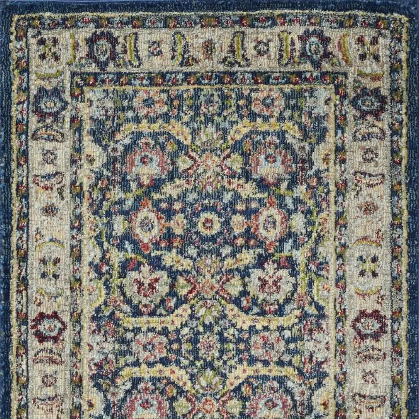 6' Navy Blue and Yellow Floral Distressed Non Skid Runner Rug Photo 3