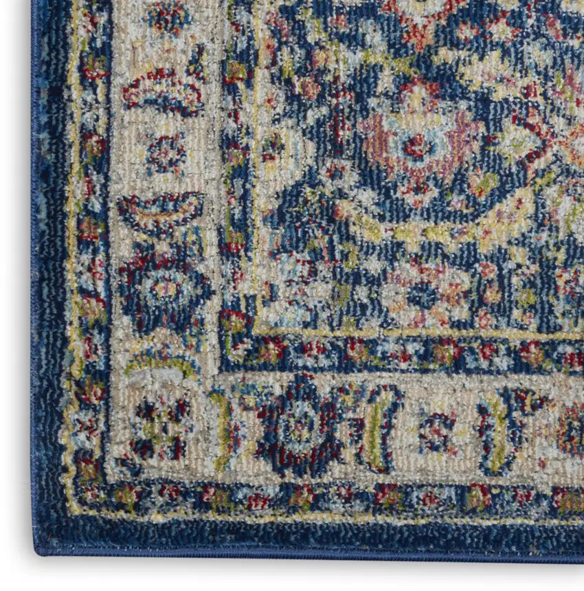 6' Navy Blue and Yellow Floral Distressed Non Skid Runner Rug Photo 7