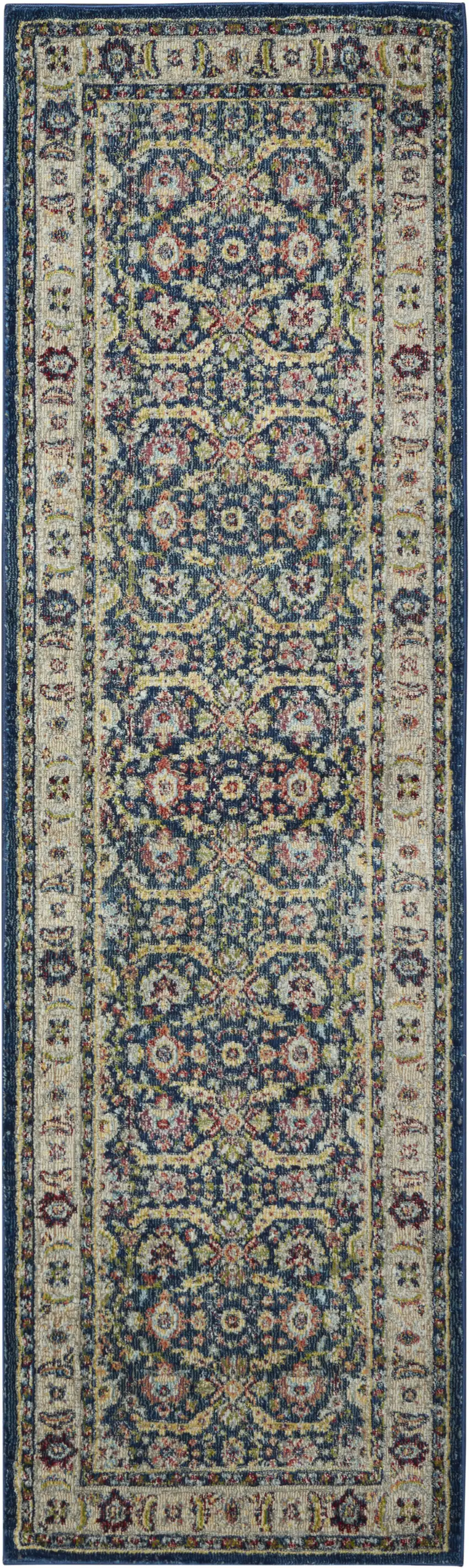 6' Navy Blue and Yellow Floral Distressed Non Skid Runner Rug Photo 4