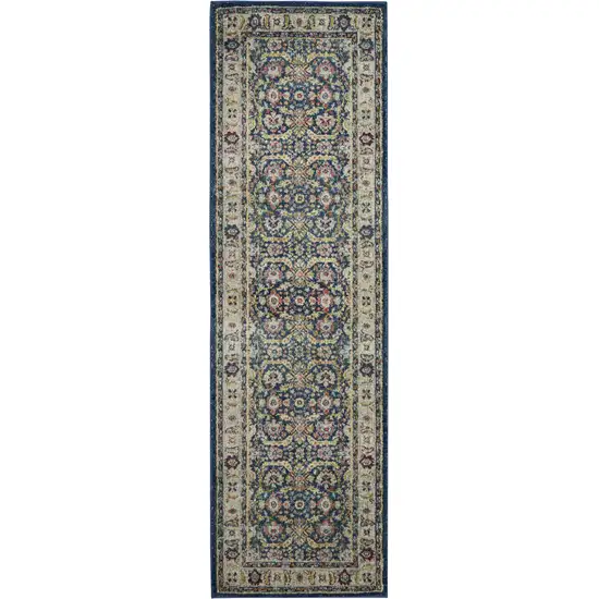 6' Navy Blue and Yellow Floral Distressed Non Skid Runner Rug Photo 8