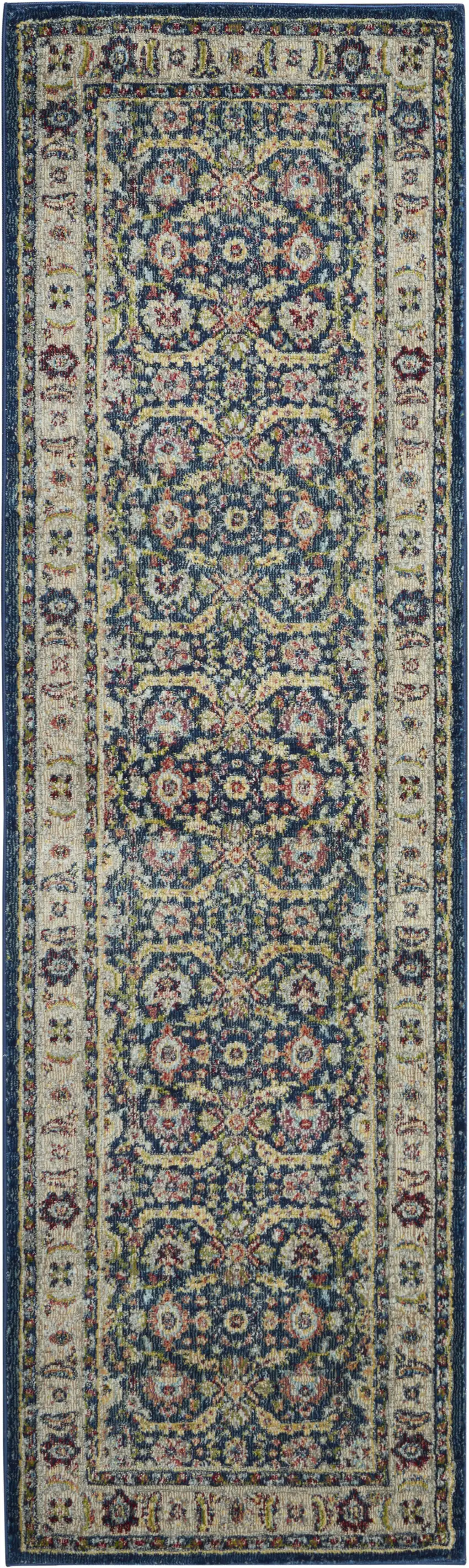 6' Navy Blue and Yellow Floral Distressed Non Skid Runner Rug Photo 8