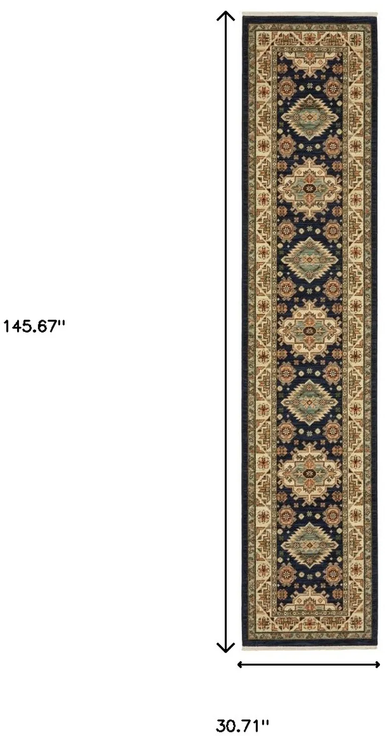 12' Navy Charcoal Orange Rust Gold Pale Blue Olive Beige And Salmon Oriental Power Loom Runner Rug With Fringe Photo 3
