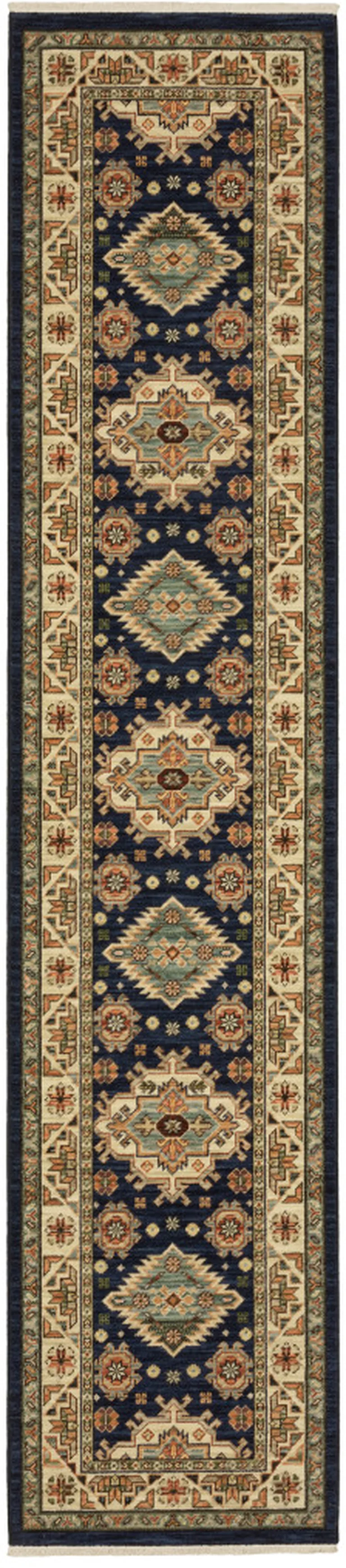 12' Navy Charcoal Orange Rust Gold Pale Blue Olive Beige And Salmon Oriental Power Loom Runner Rug With Fringe Photo 2