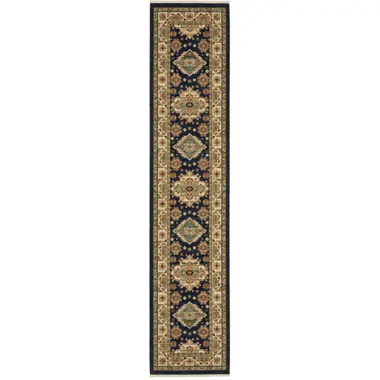 12' Blue and Orange Oriental Power Loom Runner Rug Photo 2