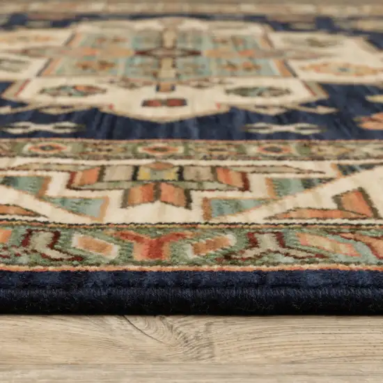 12' Navy Charcoal Orange Rust Gold Pale Blue Olive Beige And Salmon Oriental Power Loom Runner Rug With Fringe Photo 3