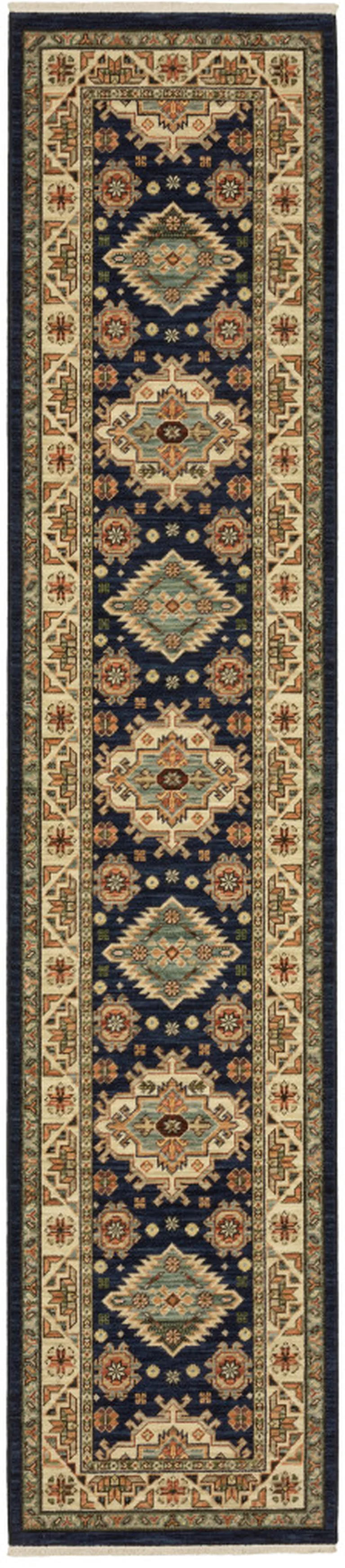 12' Navy Charcoal Orange Rust Gold Pale Blue Olive Beige And Salmon Oriental Power Loom Runner Rug With Fringe Photo 1