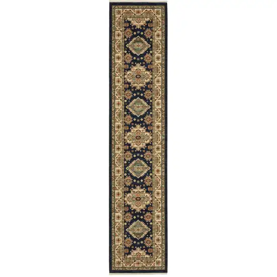 12' Navy Charcoal Orange Rust Gold Pale Blue Olive Beige And Salmon Oriental Power Loom Runner Rug With Fringe Photo 1
