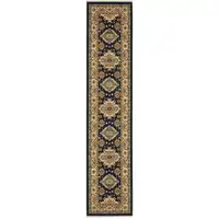 Photo of 12' Navy Charcoal Orange Rust Gold Pale Blue Olive Beige And Salmon Oriental Power Loom Runner Rug With Fringe
