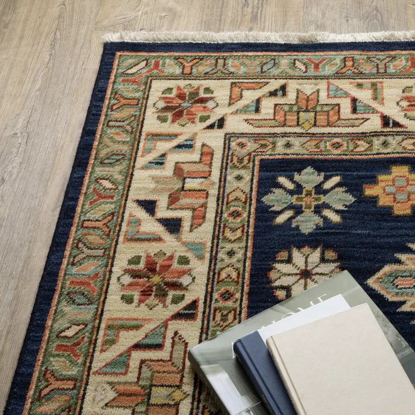 12' Navy Charcoal Orange Rust Gold Pale Blue Olive Beige And Salmon Oriental Power Loom Runner Rug With Fringe Photo 8