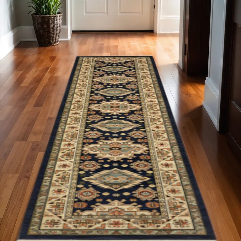 12' Navy Charcoal Orange Rust Gold Pale Blue Olive Beige And Salmon Oriental Power Loom Runner Rug With Fringe Photo 1