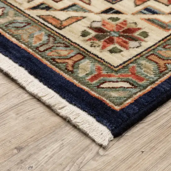 12' Navy Charcoal Orange Rust Gold Pale Blue Olive Beige And Salmon Oriental Power Loom Runner Rug With Fringe Photo 6
