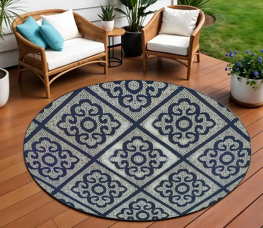 Blue and Ivory Round Geometric Stain Resistant Indoor Outdoor Area Rug Photo 1