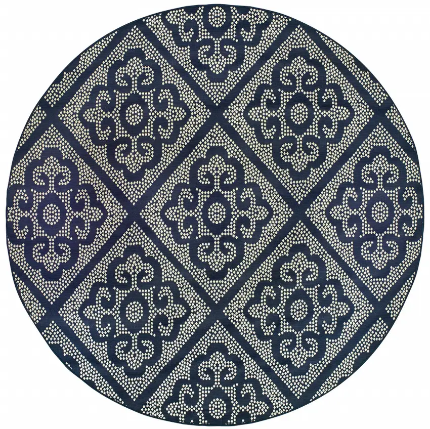8' Navy Round Geometric Stain Resistant Indoor Outdoor Area Rug Photo 1