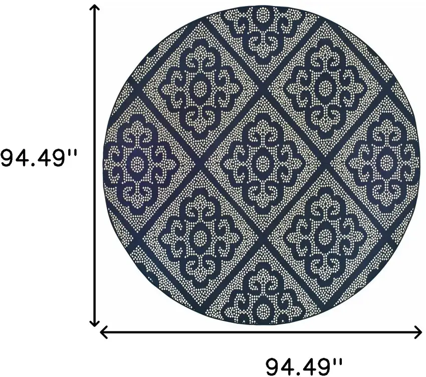 8' Navy Round Geometric Stain Resistant Indoor Outdoor Area Rug Photo 4